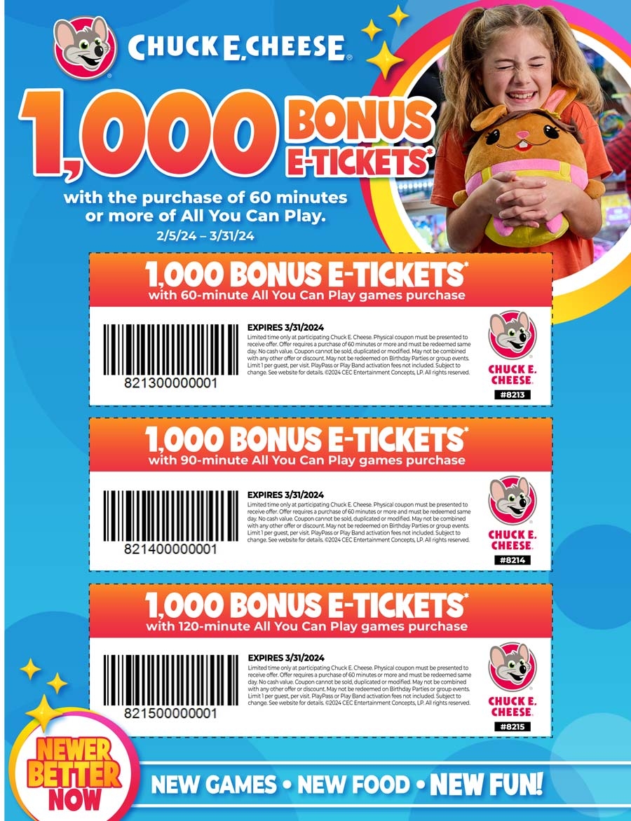 1 000 Bonus Tickets On 60min Games Play At Chuck E Cheese Pizza Chuckecheese The Coupons App 