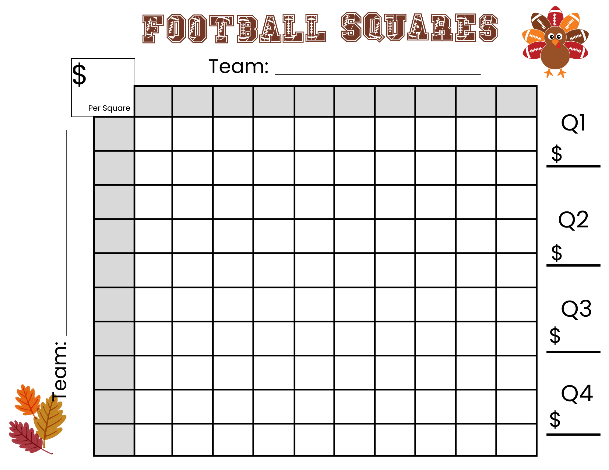 100 Thanksgiving Football Squares Game Printable 100 Thanksgiving Football Squares Game Printable