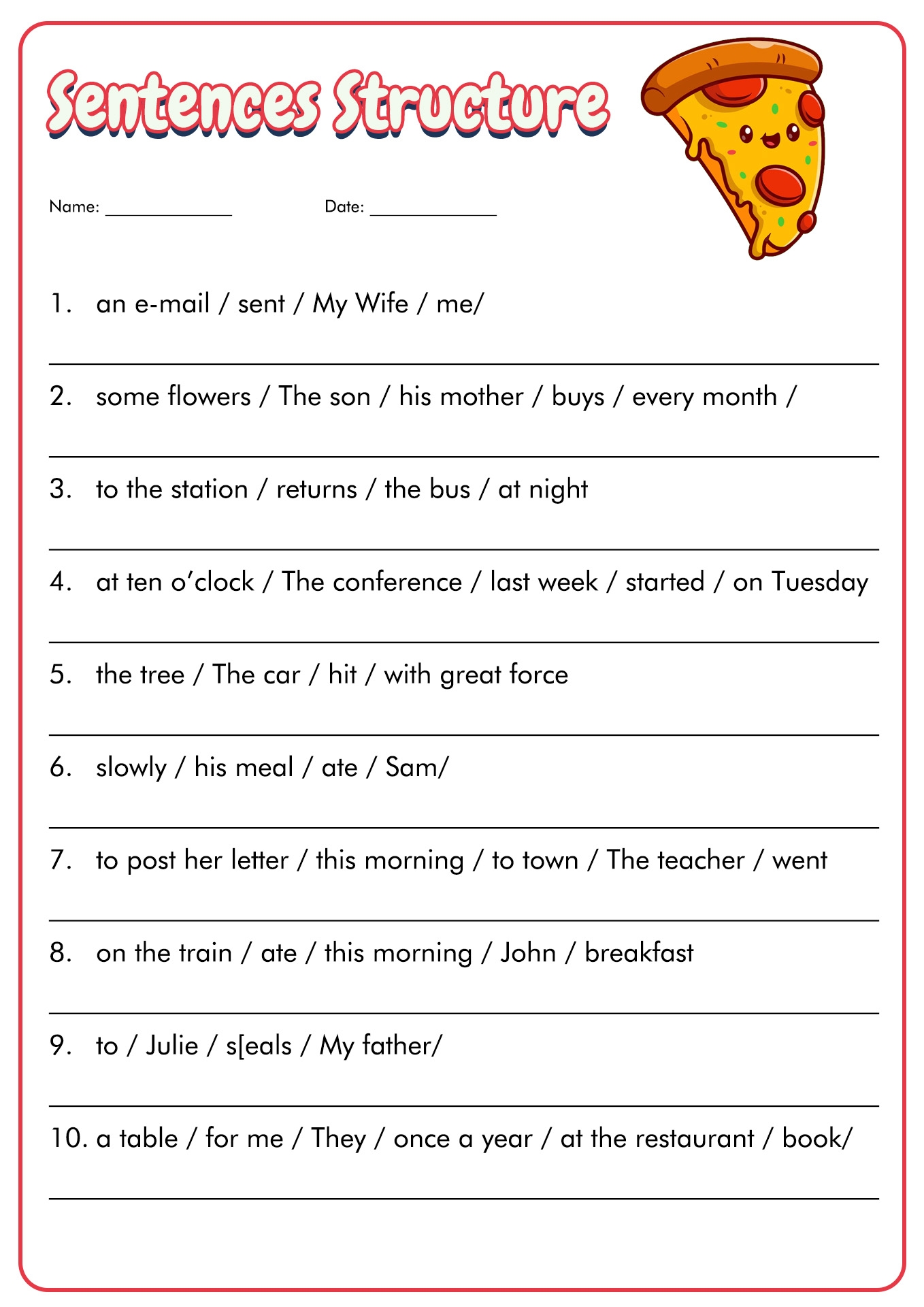 sentence structure worksheets