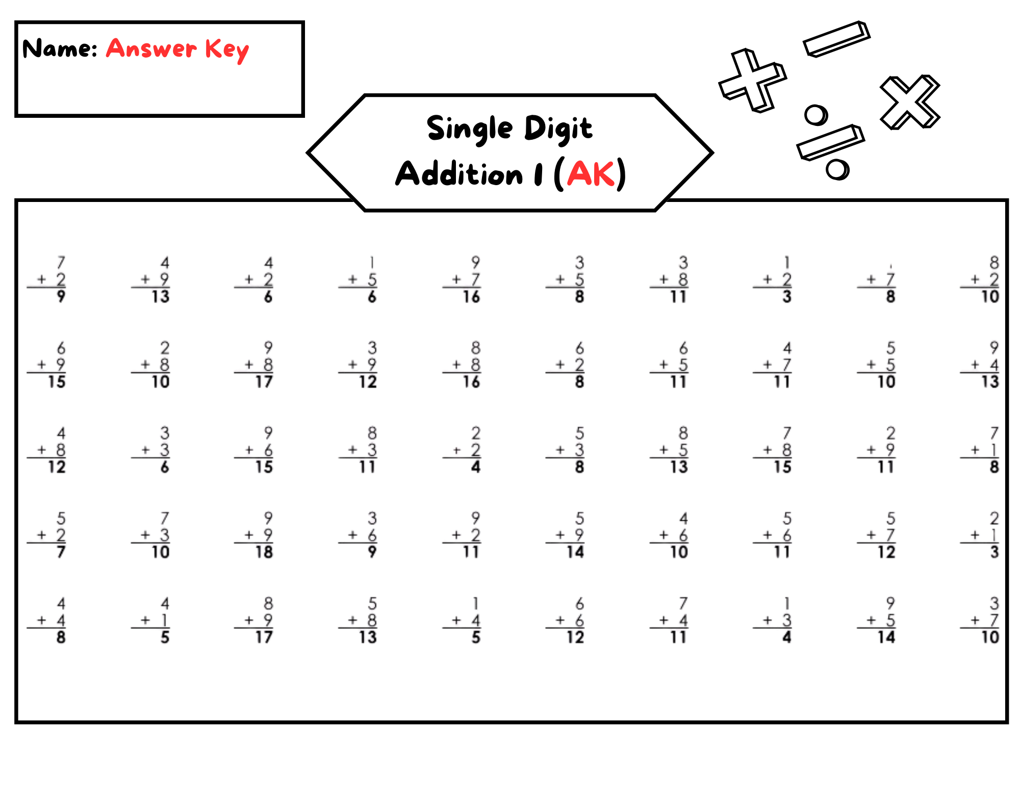 single digit addition worksheets