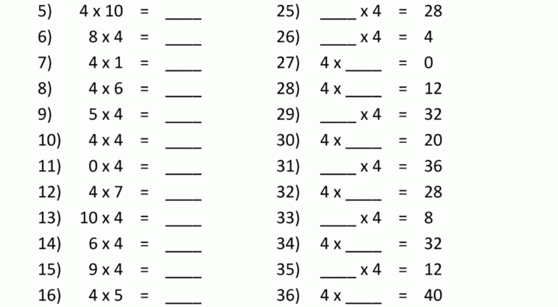 4 Times Table Worksheet Page