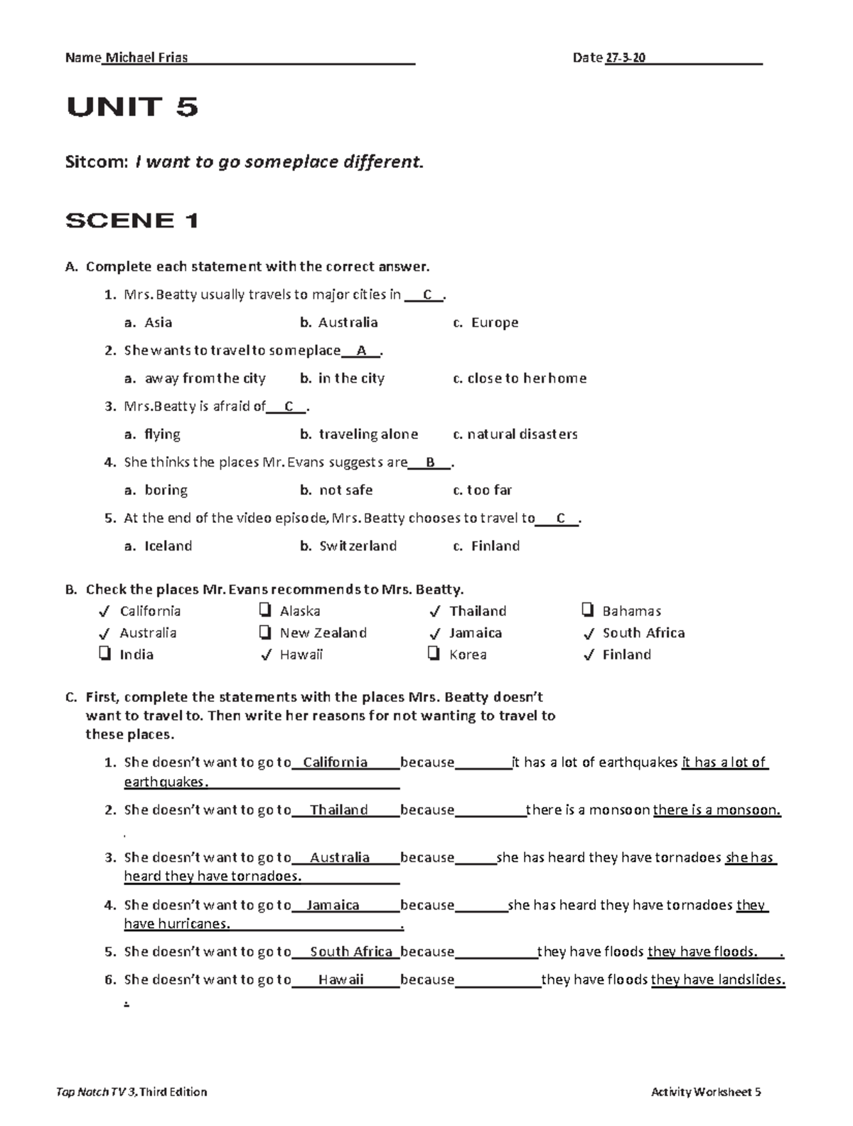 454046411 UNIT 05 TV Activity Worksheet Answers And Exercises Studocu