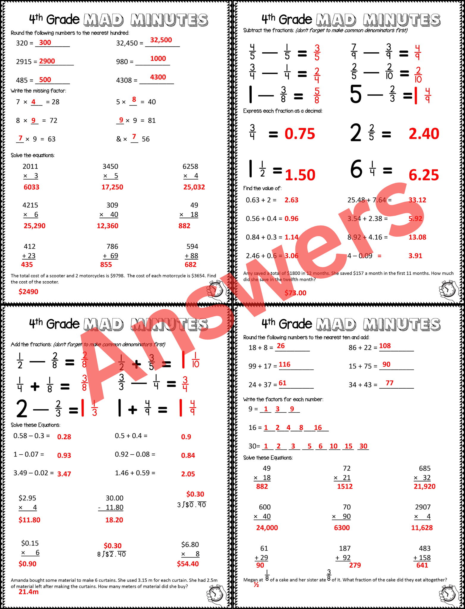 4th Grade Math Review Multiplication Division Word Problems Mad Minute Teaching Resources