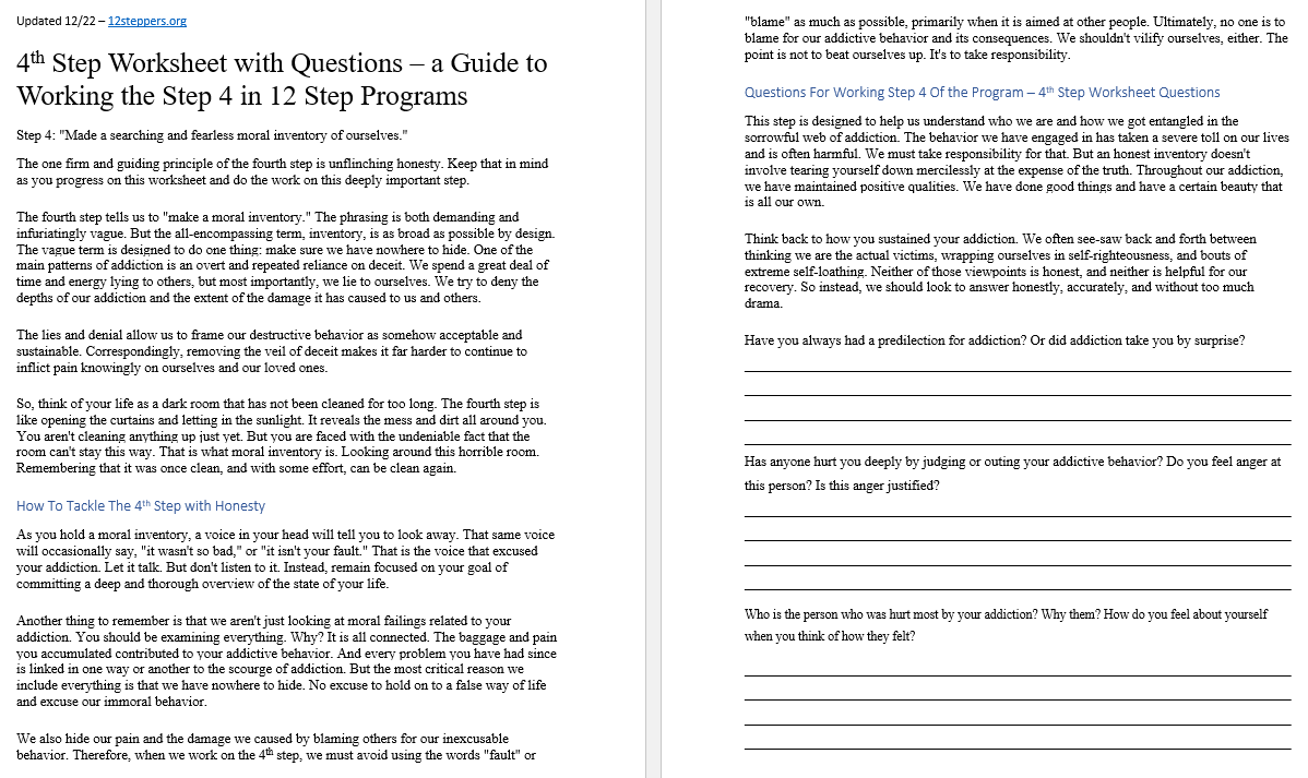 4th Step Worksheet With Questions Free PDF Download Print 12 Steppers