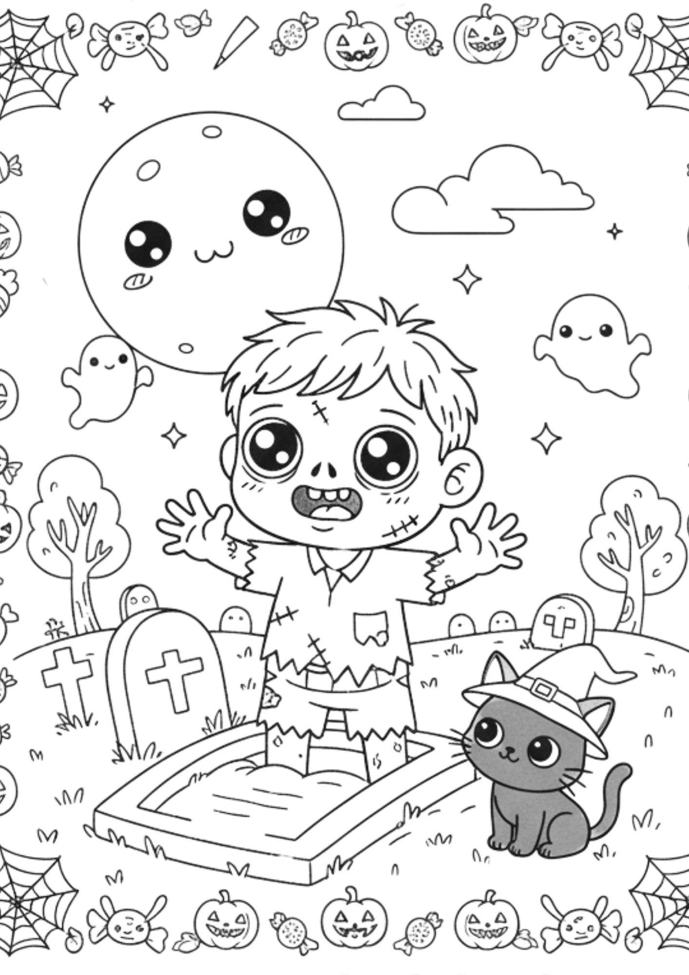 50 Cute Halloween Coloring Pages For Kids Spooky Animals Haunted Houses Pumpkins Ghosts And Trick or treat Scenes Etsy