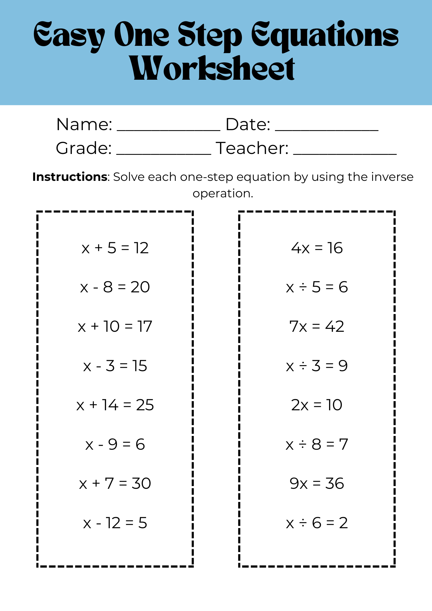 one step equation worksheet one step equation worksheet