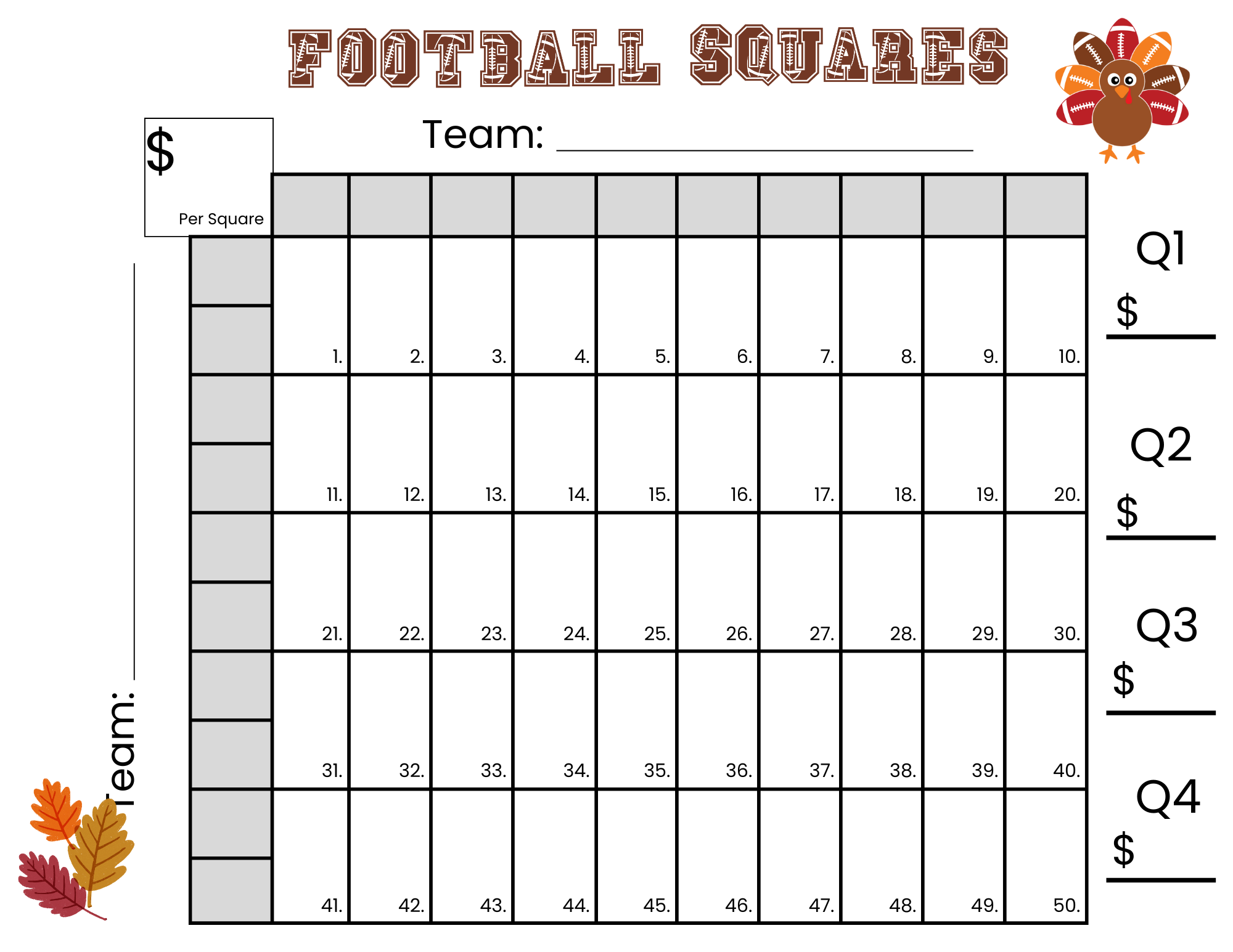 50 Thanksgiving Football Squares Game Printable Instant Download 