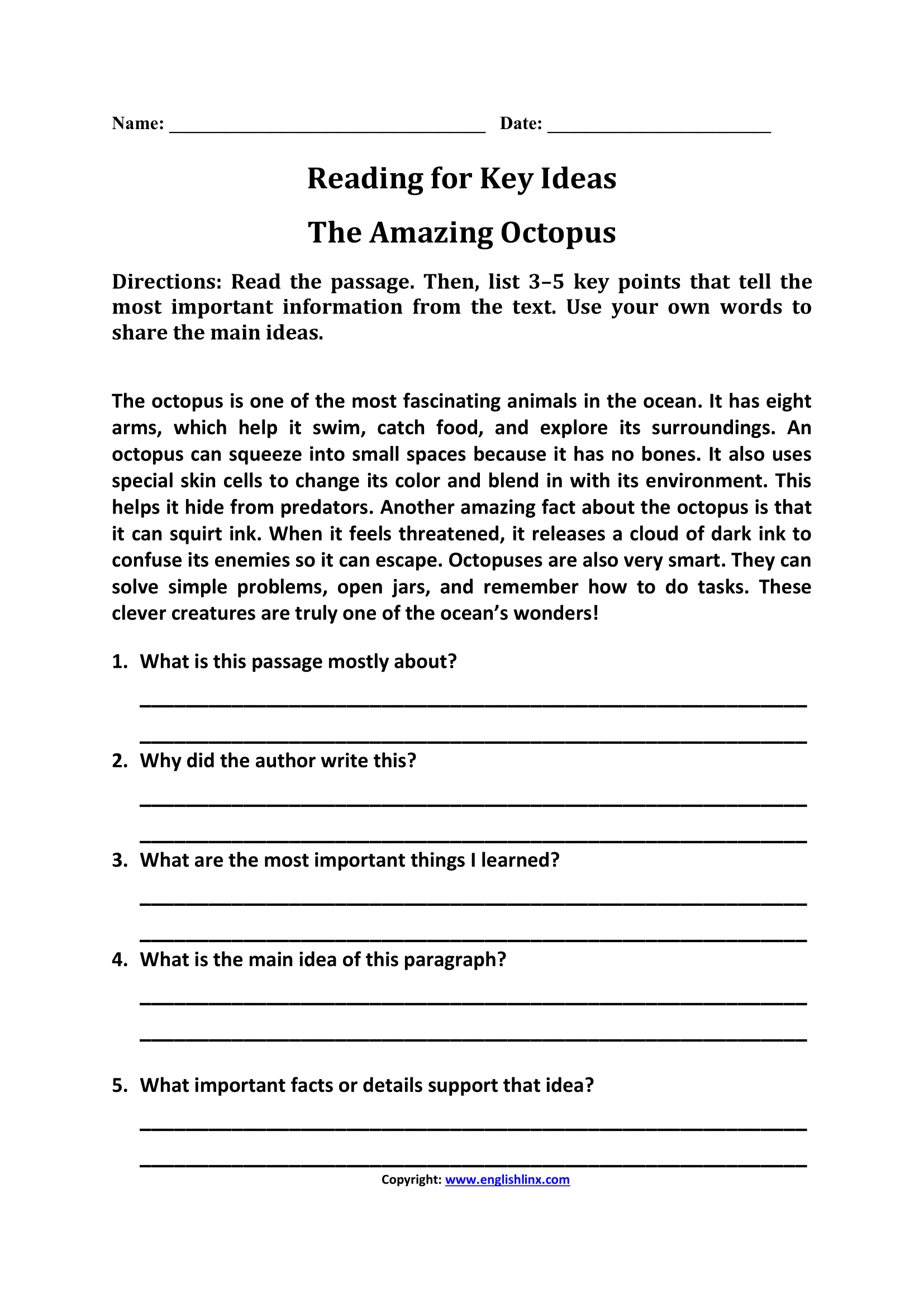 5th Grade Reading Worksheets Reading For Key Ideas Worksheet