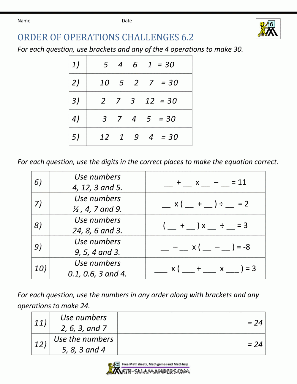 order of operations worksheets pdf