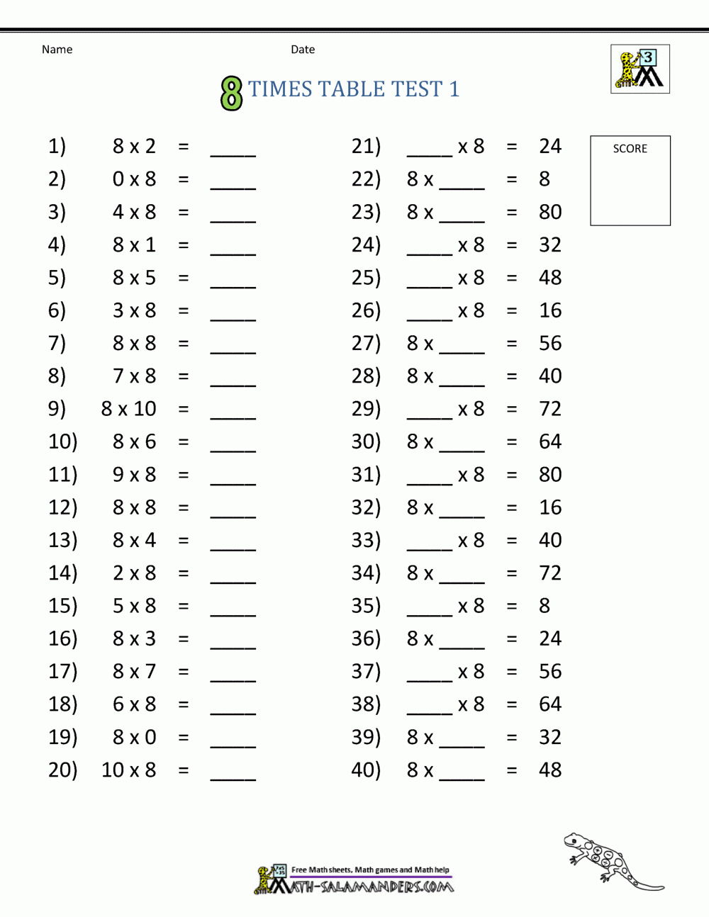 8 Times Table Worksheet Page