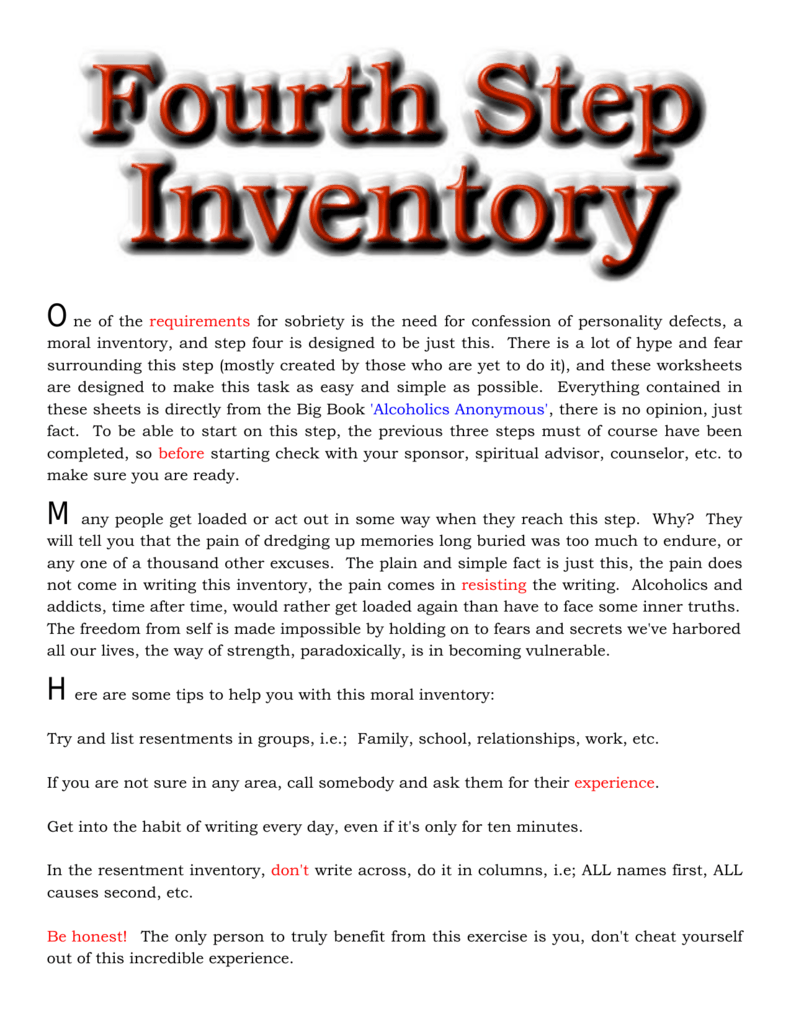 AA Step 4 Inventory Resentments Fears Sexual Conduct