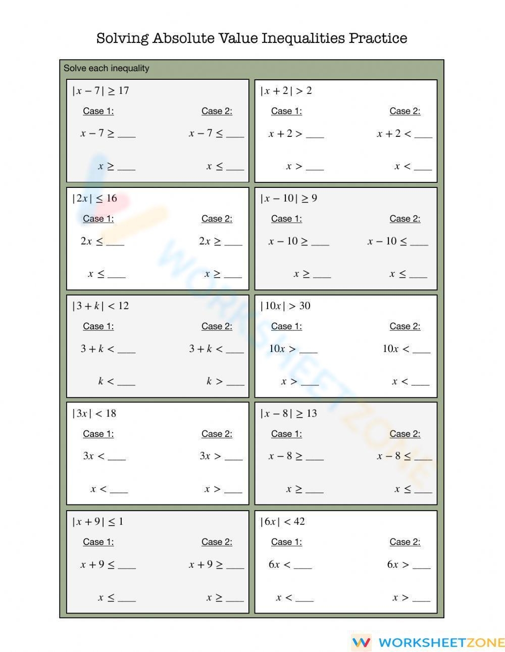 Absolute Value Inequalities Worksheet Absolute Value Inequalities Worksheet