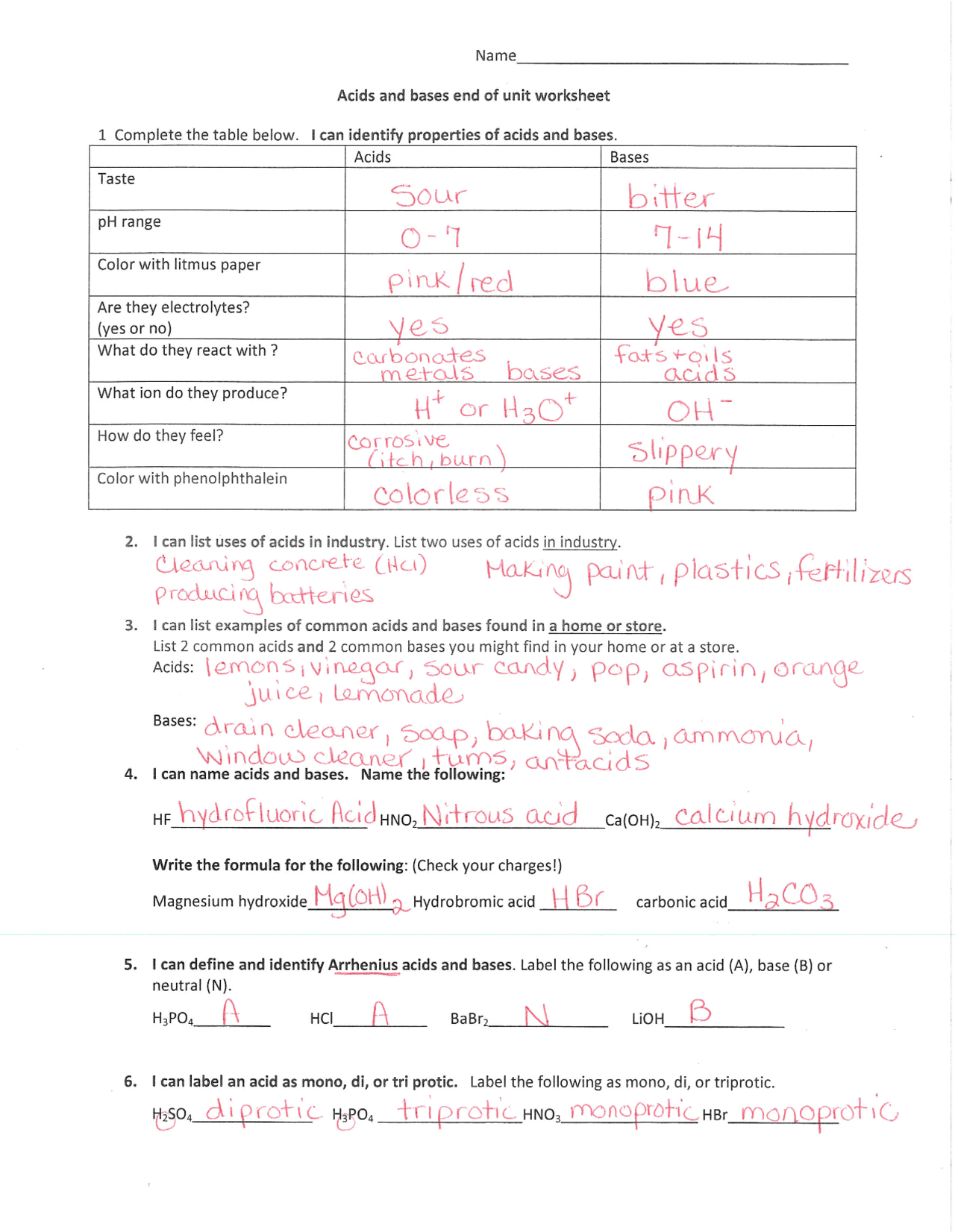 acids and bases worksheet acids and bases worksheet