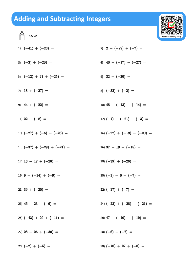 adding subtracting integers worksheet
