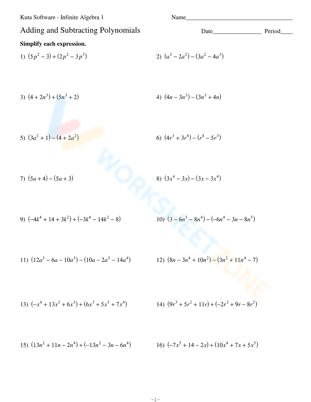 Adding And Subtracting Polynomials Worksheets