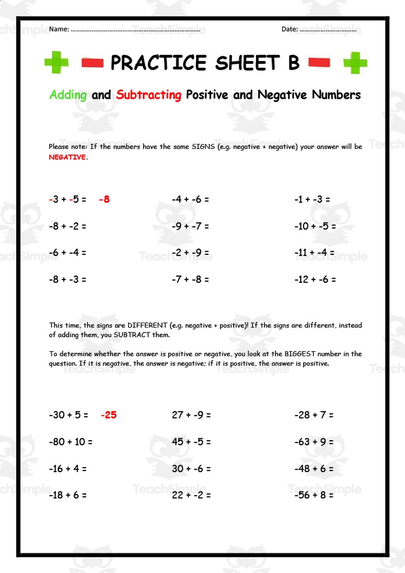 adding negative numbers worksheet