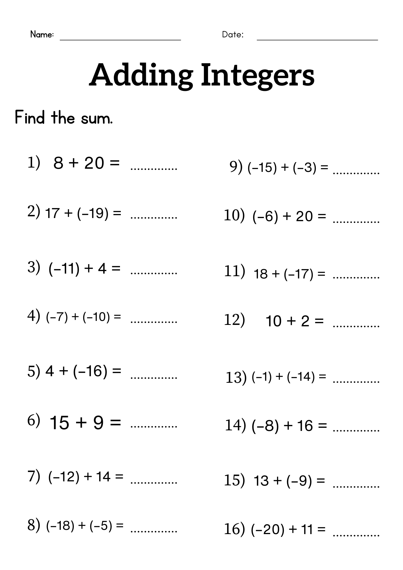 Adding Integers Worksheet Grade 6 Or 7 Addition Of Integers Worksheet Made By Teachers Adding Integers Worksheet Grade 6 Or 7 Addition Of Integers Worksheet Made By Teachers