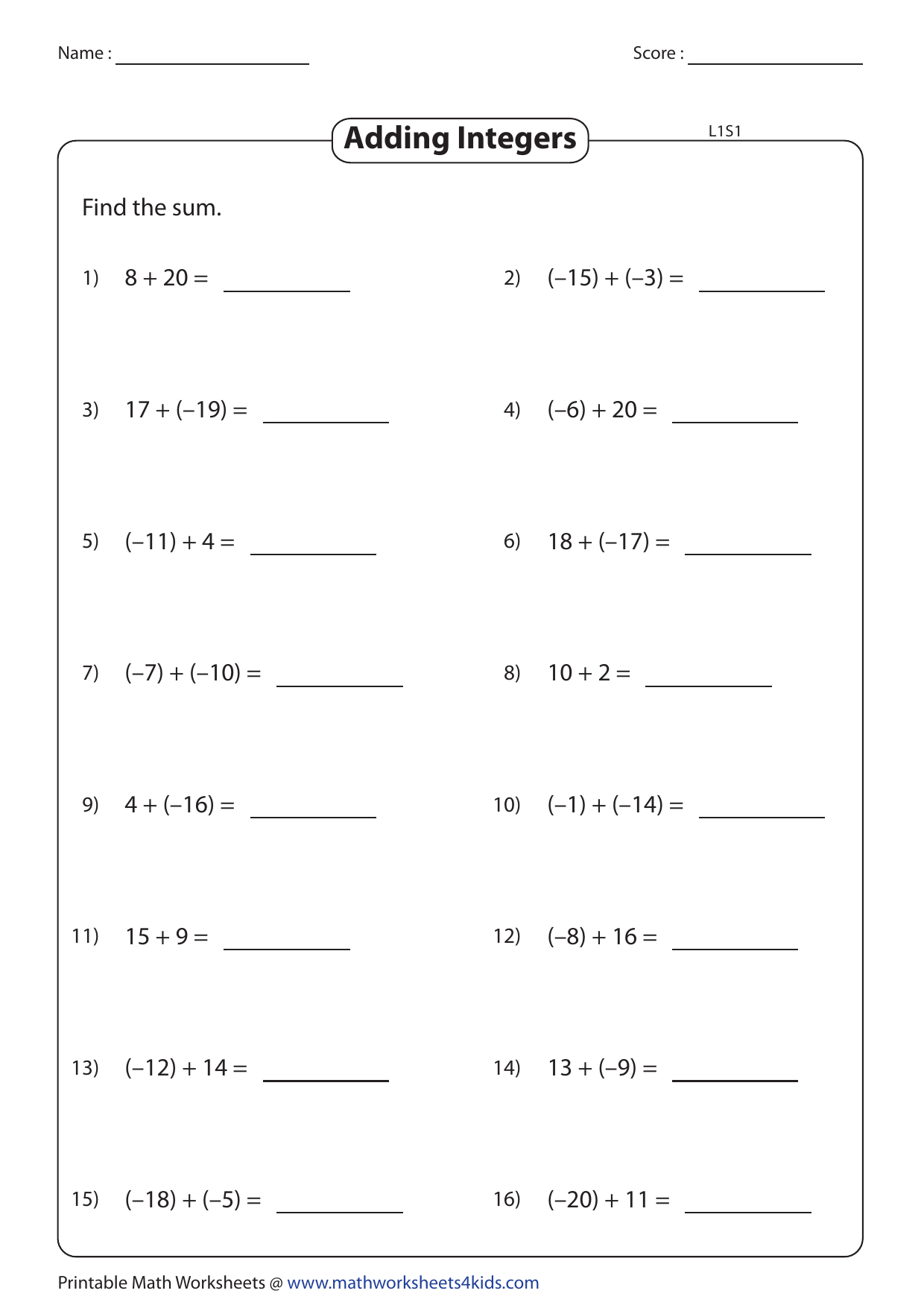addition of integers worksheet addition of integers worksheet