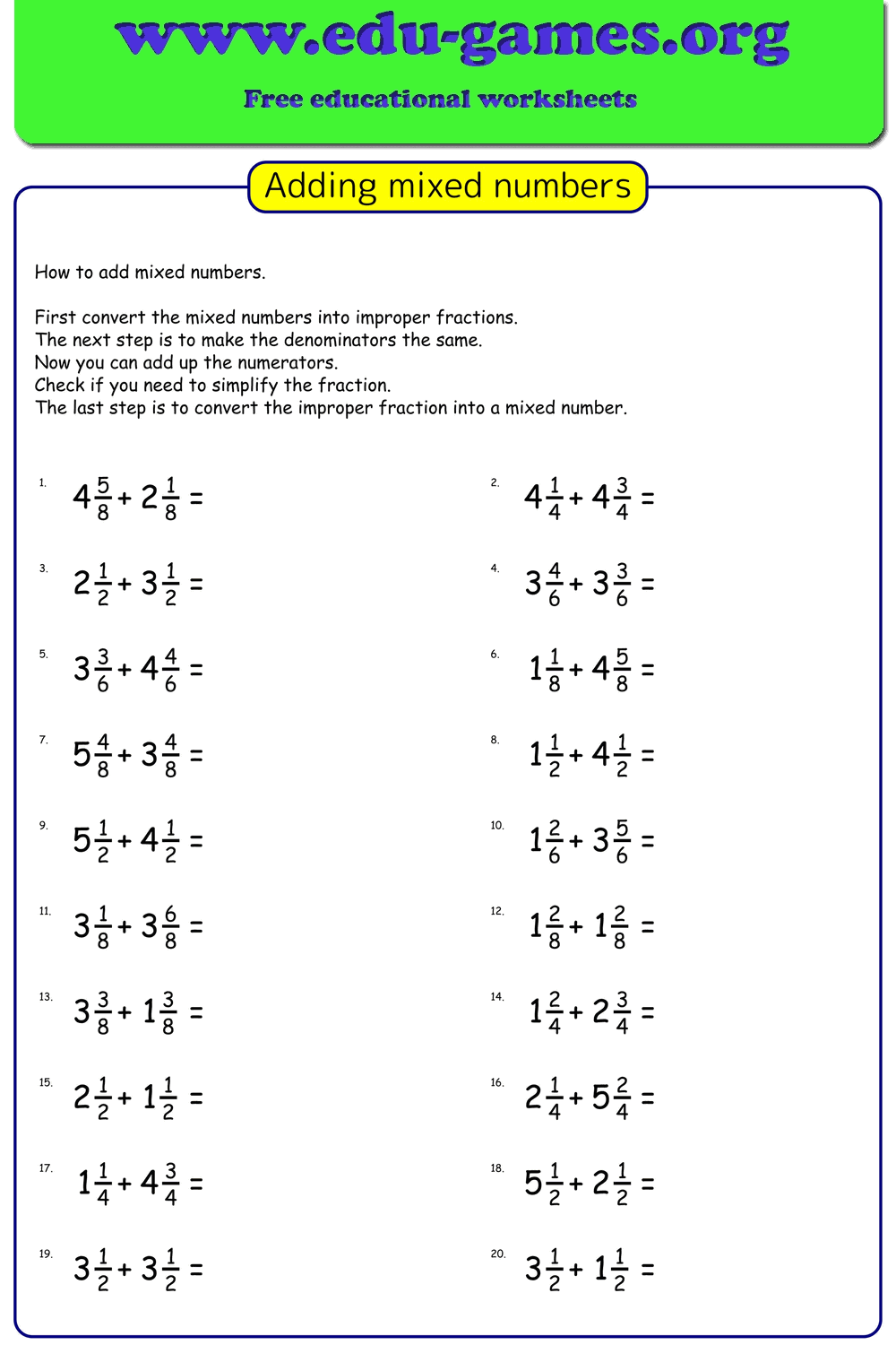 adding mixed numbers worksheet