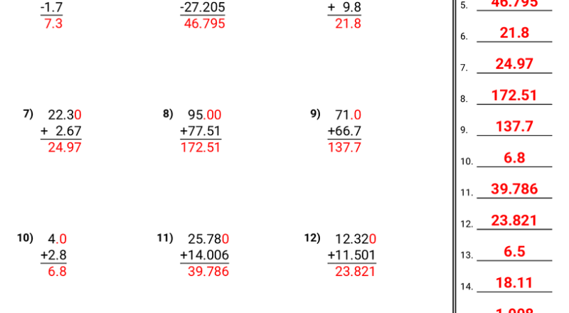 Adding Subtracting Decimals Worksheets