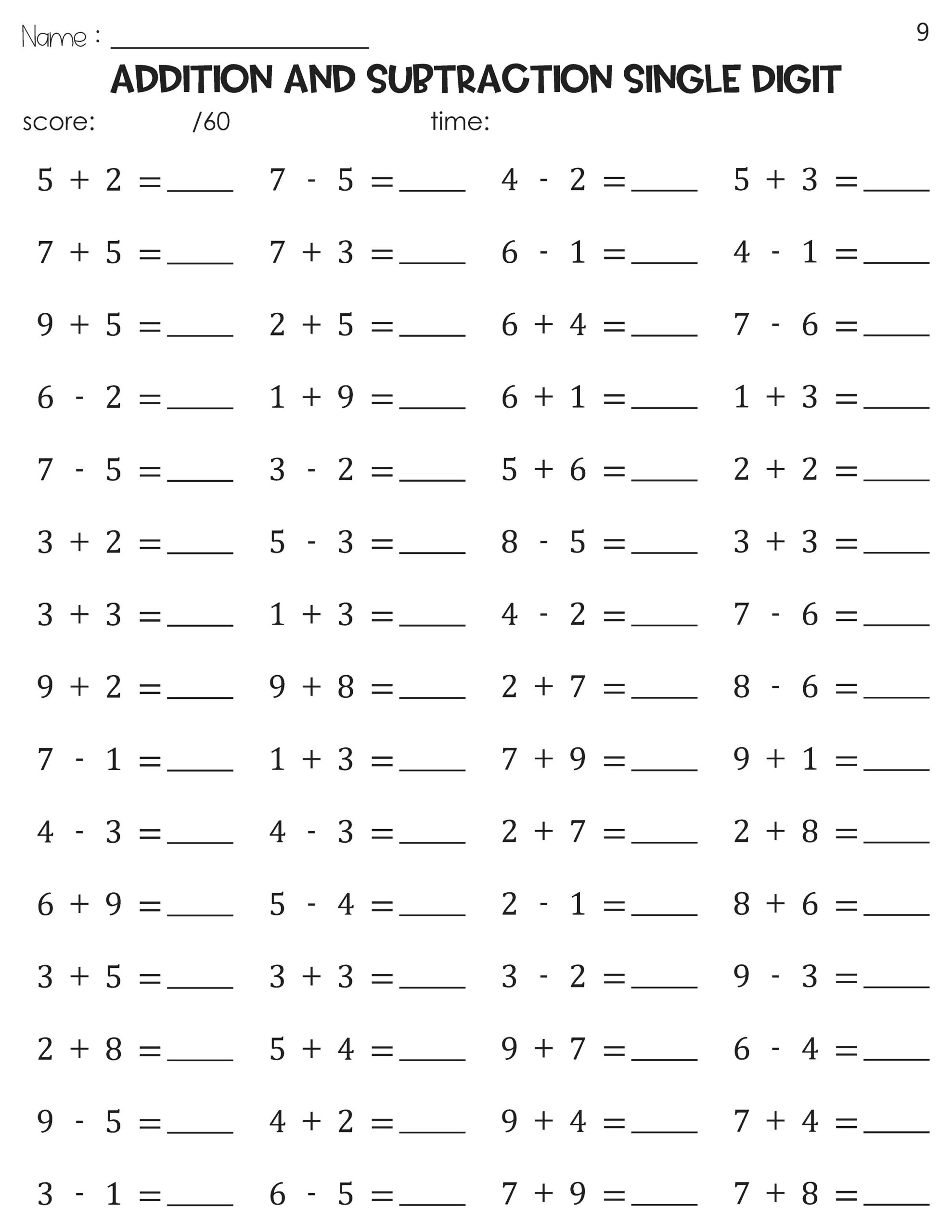 Addition And Subtraction Single Digit Math Timed Tests Speed Drills Worksheets Etsy