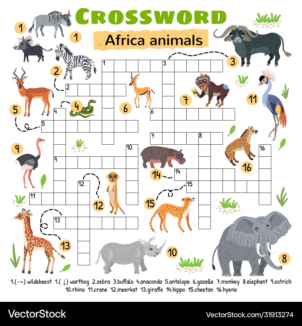 Africa Animals Crossword Puzzle Kids Activity Royalty Free Vector VectorStock