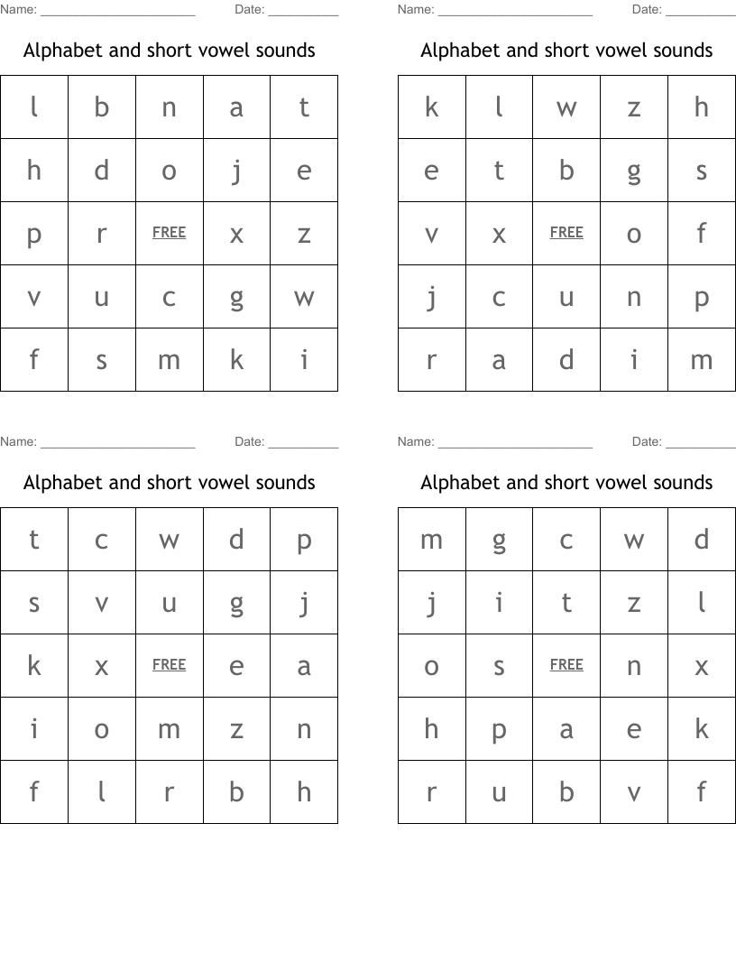Alphabet And Short Vowel Sounds Bingo Cards WordMint