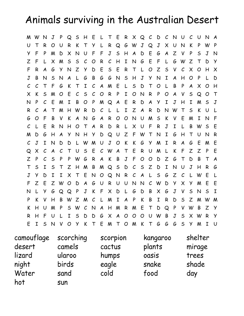 Animals Surviving In The Australian Desert Word Search WordMint
