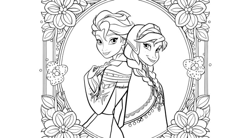Anna And Elsa In A Flowery Setting Frozen Coloring Pages