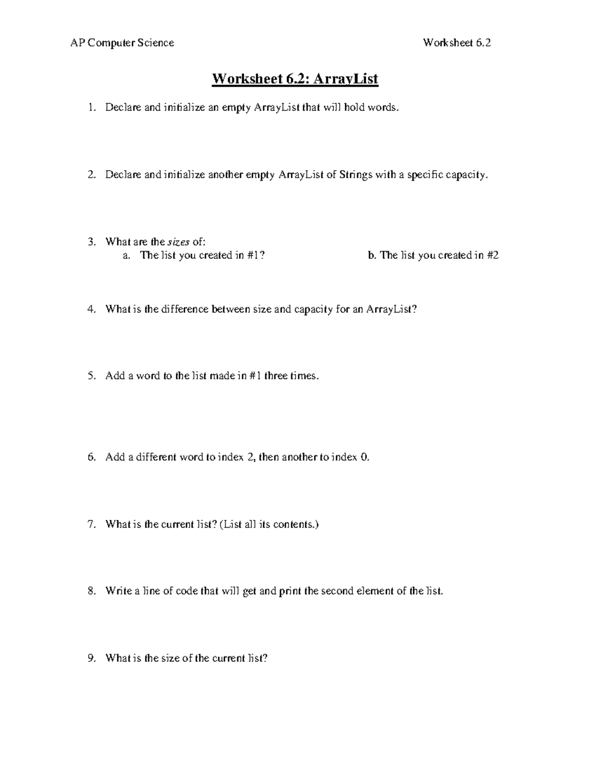 AP Computer Science Worksheet 6 2 Understanding ArrayLists Studocu