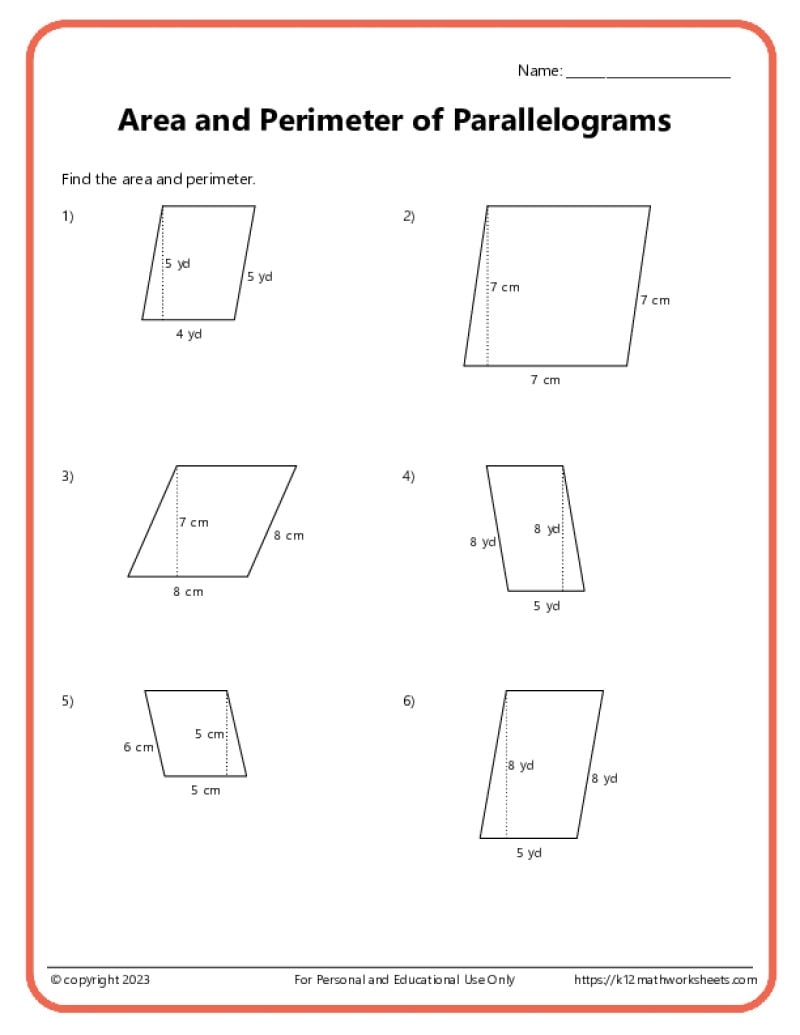 Area And Perimeter Of Parallelograms K12 Math Worksheets Area And Perimeter Of Parallelograms K12 Math Worksheets