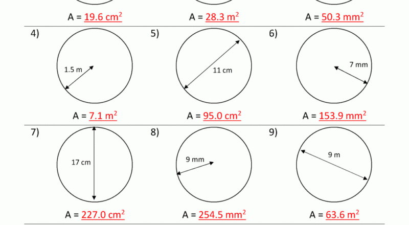 Area Of A Circle Worksheets