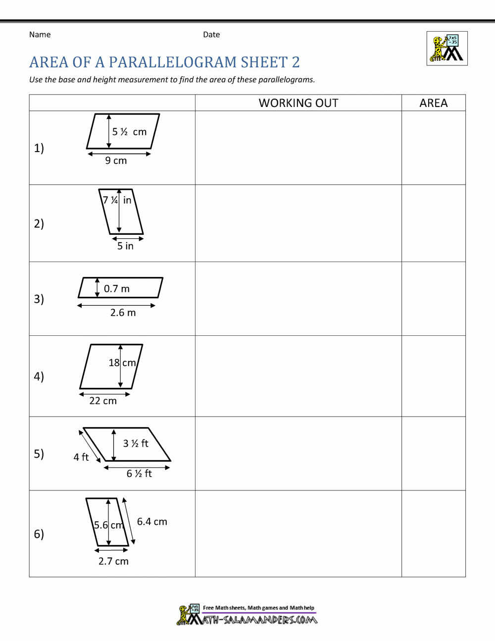 Area Of Parallelogram Worksheet Area Of Parallelogram Worksheet