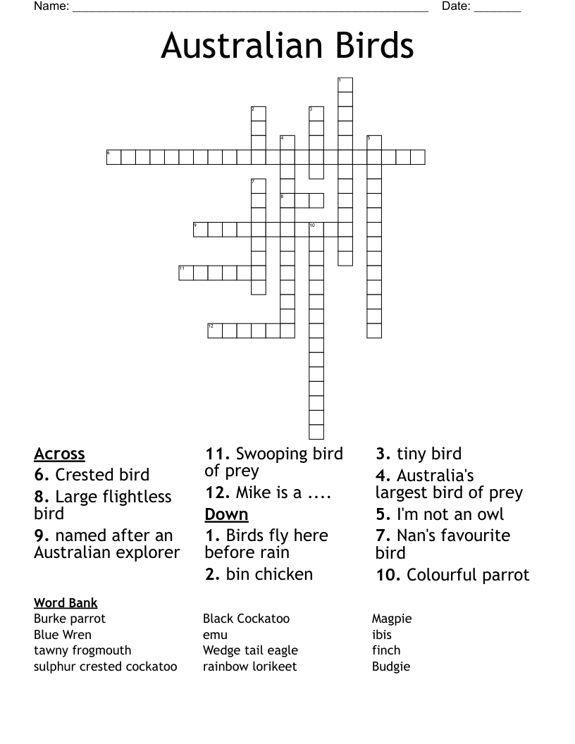 Australian Birds Crossword WordMint Australian Birds Crossword WordMint