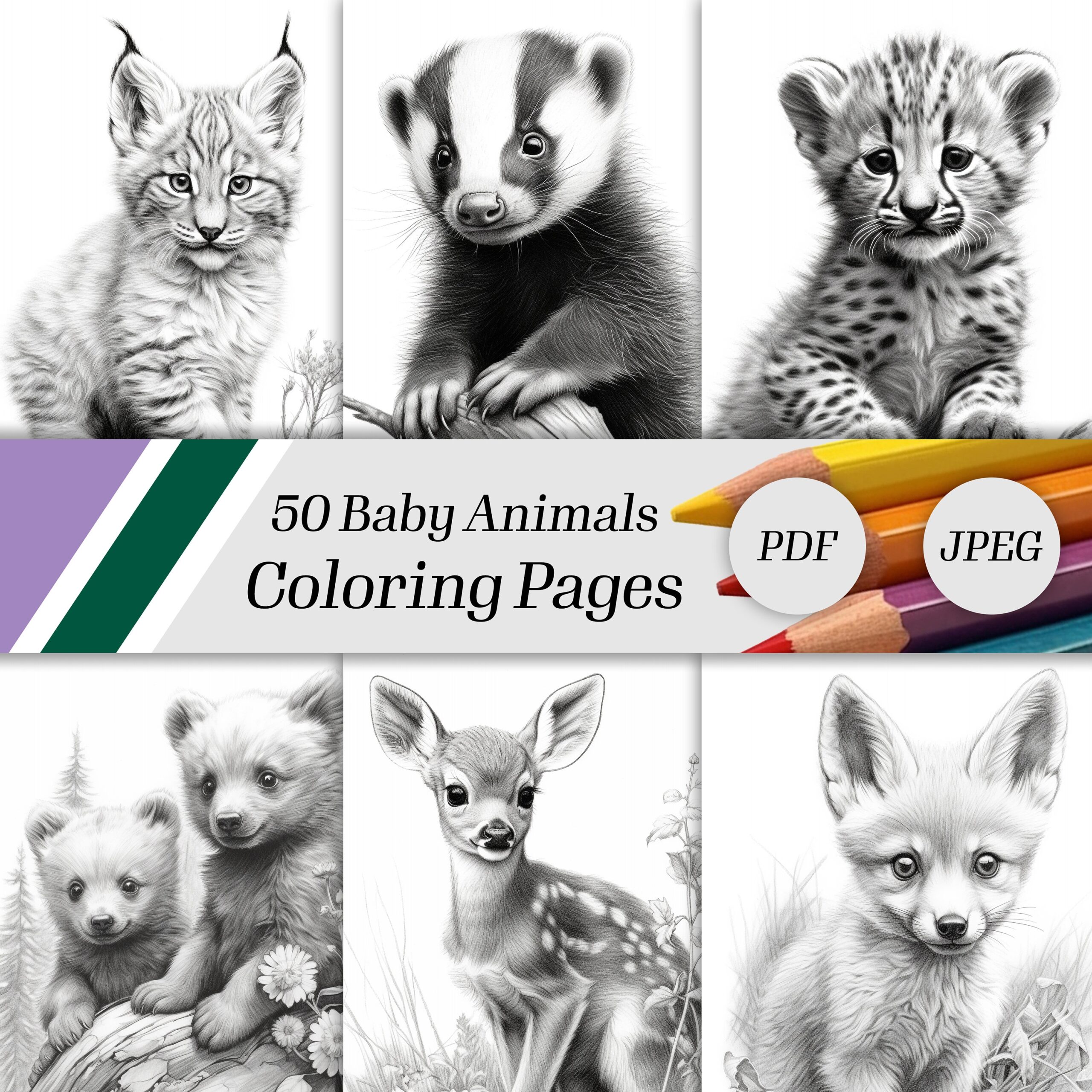 Baby Animals Grayscale Coloring Pages 50 Relaxing Designs PDF JPEG Etsy