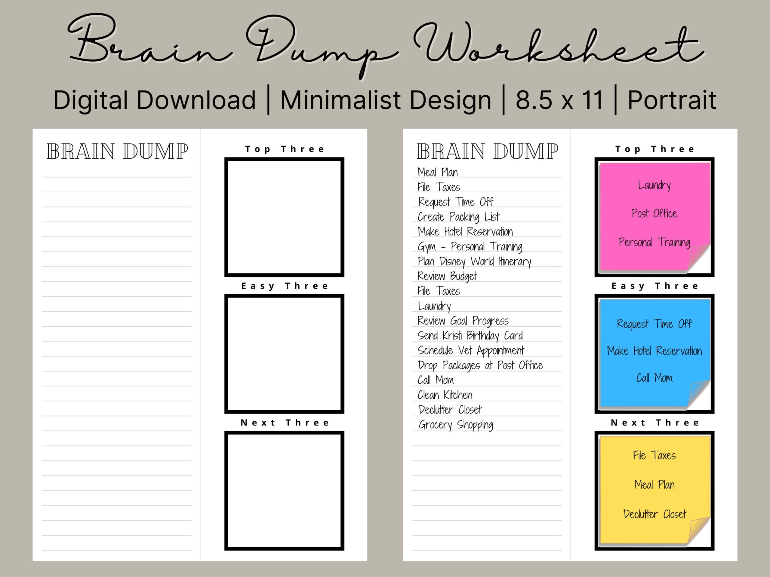 Brain Dump Worksheet Printable Minimalist Organizer digital Download Etsy