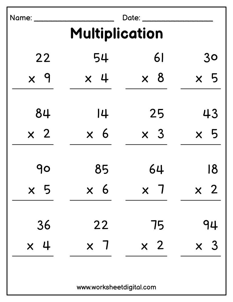 Buy Printable Multiplication Worksheets 2 Digit X 1 Digit PDF Online In India Etsy
