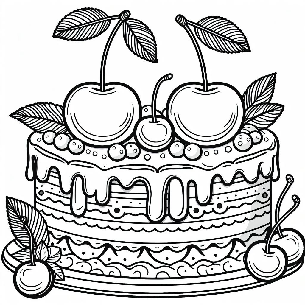 Cake With Cherries Coloring Page Cake With Cherries Coloring Page