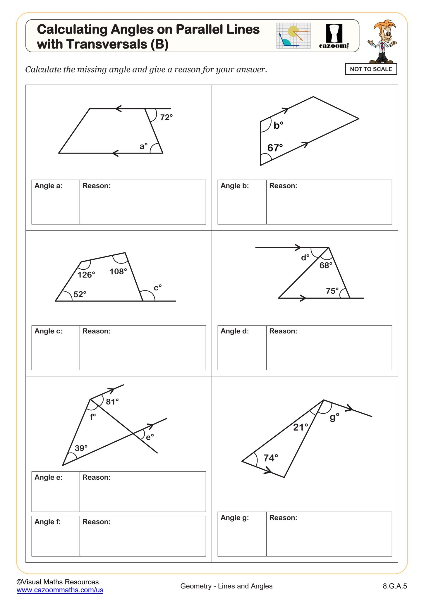 Calculating Angles On Parallel Lines With Transversals B Worksheet PDF Printable Geometry Worksheet Cazoom Math