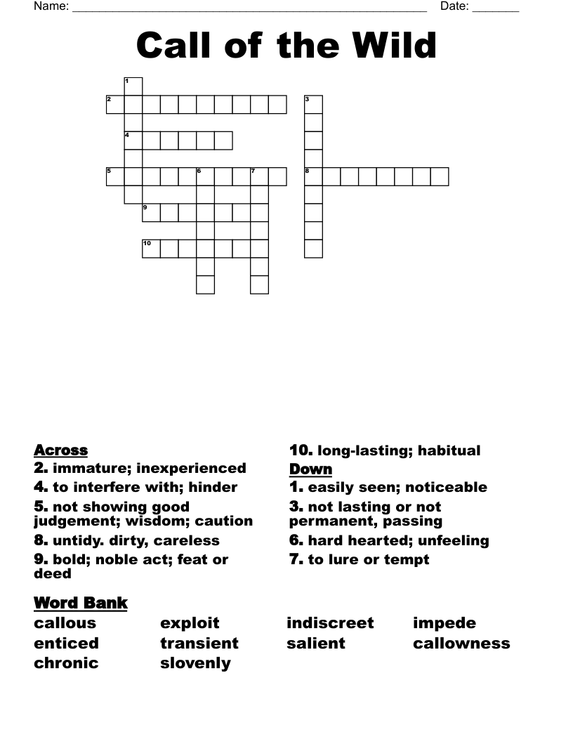 Call Of The Wild Crossword WordMint