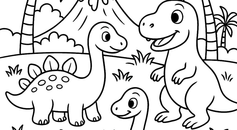 Cartoon style Dinosaurs With A Volcano Dinosaur Coloring Pages