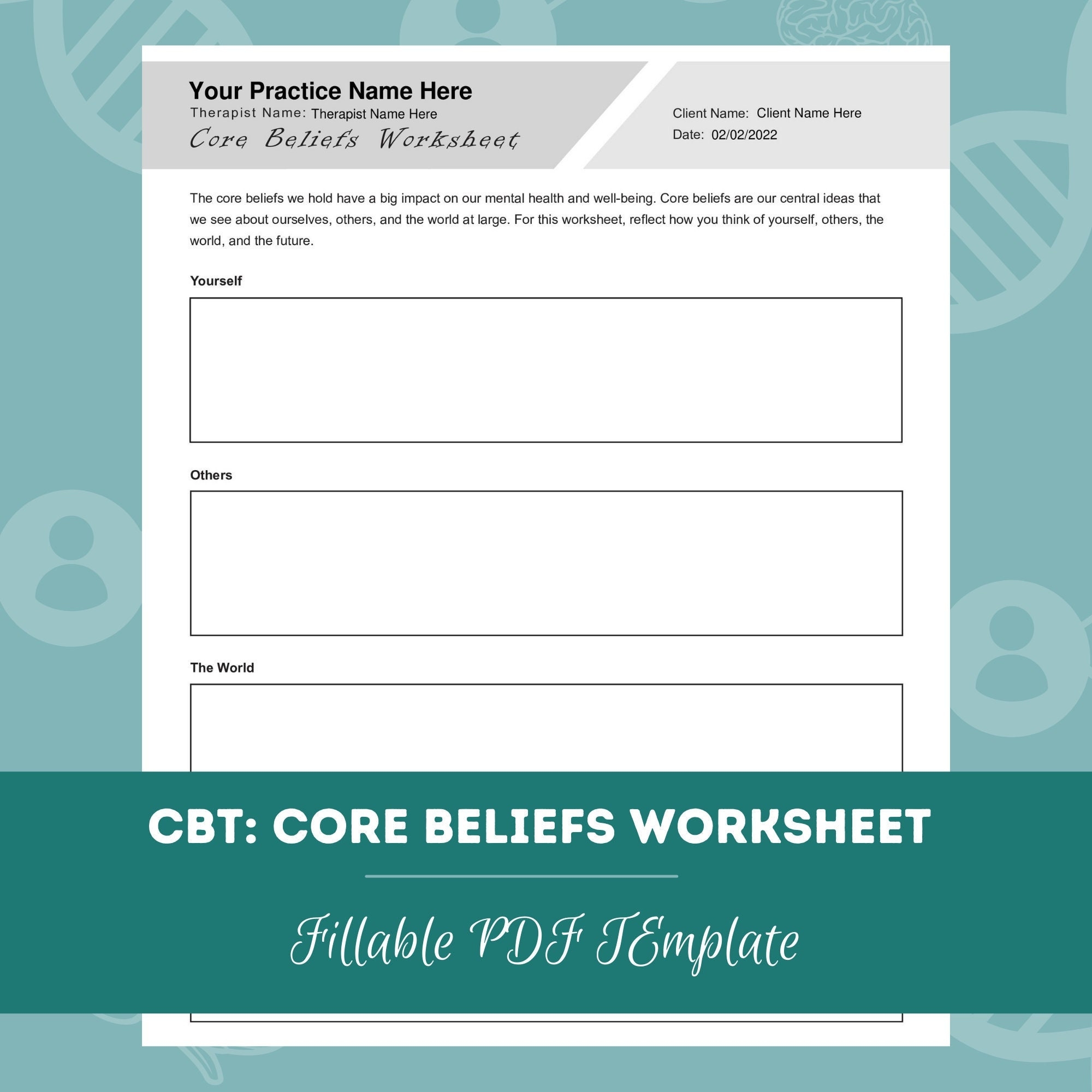 CBT Core Beliefs Worksheet Editable Fillable PDF For Counselors Psychologists Psychiatrists Social Workers Therapists Etsy
