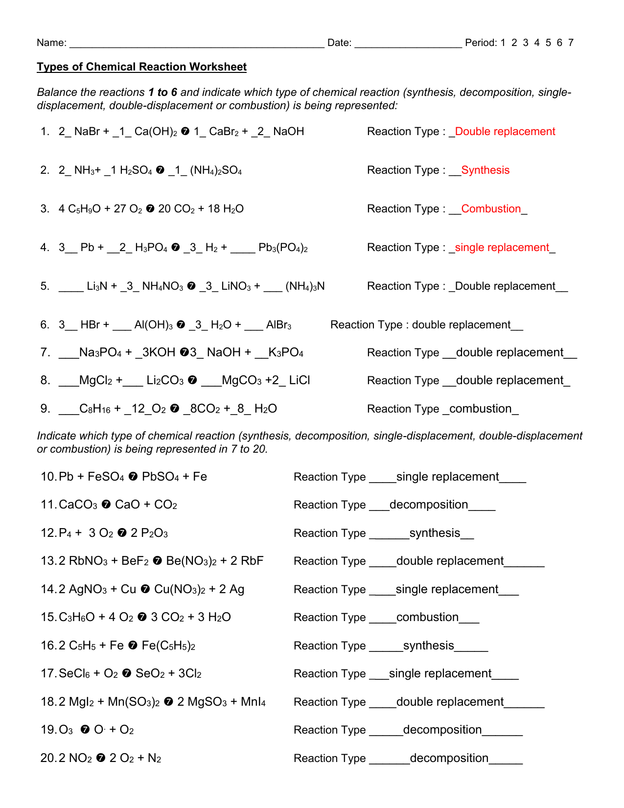 Chemical Reactions Worksheet Balancing Types Chemical Reactions Worksheet Balancing Types