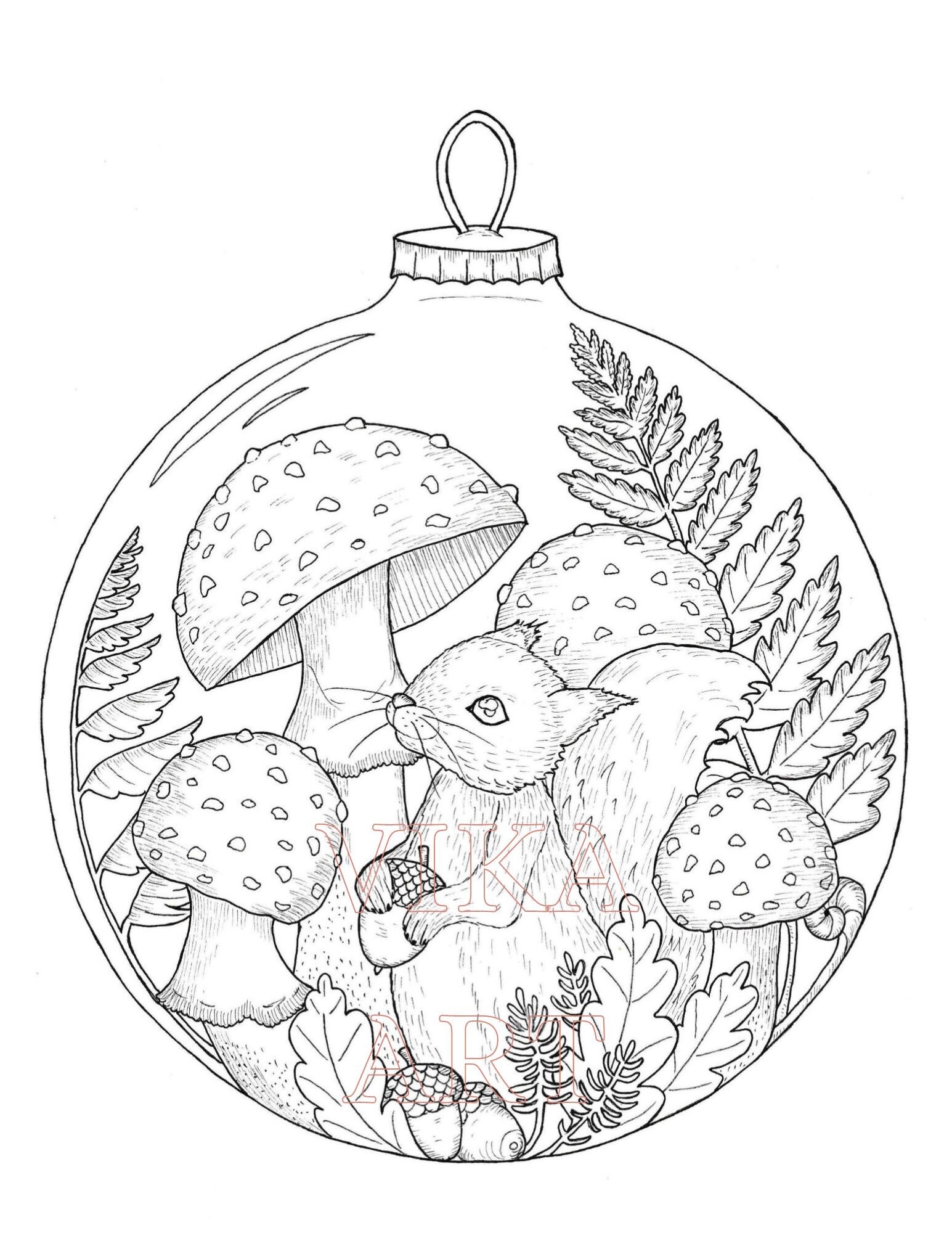 Christmas Ornament Coloring Page Squirrel And Mushrooms PDF JPG Etsy