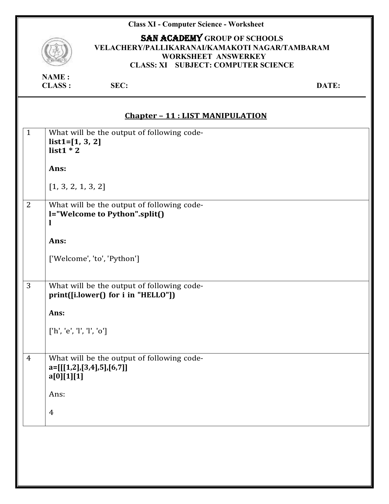 Class XI Computer Science Worksheet Answer Key List Manipulation