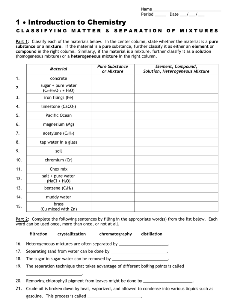 Classifying Matter Separation Of Mixtures Worksheet