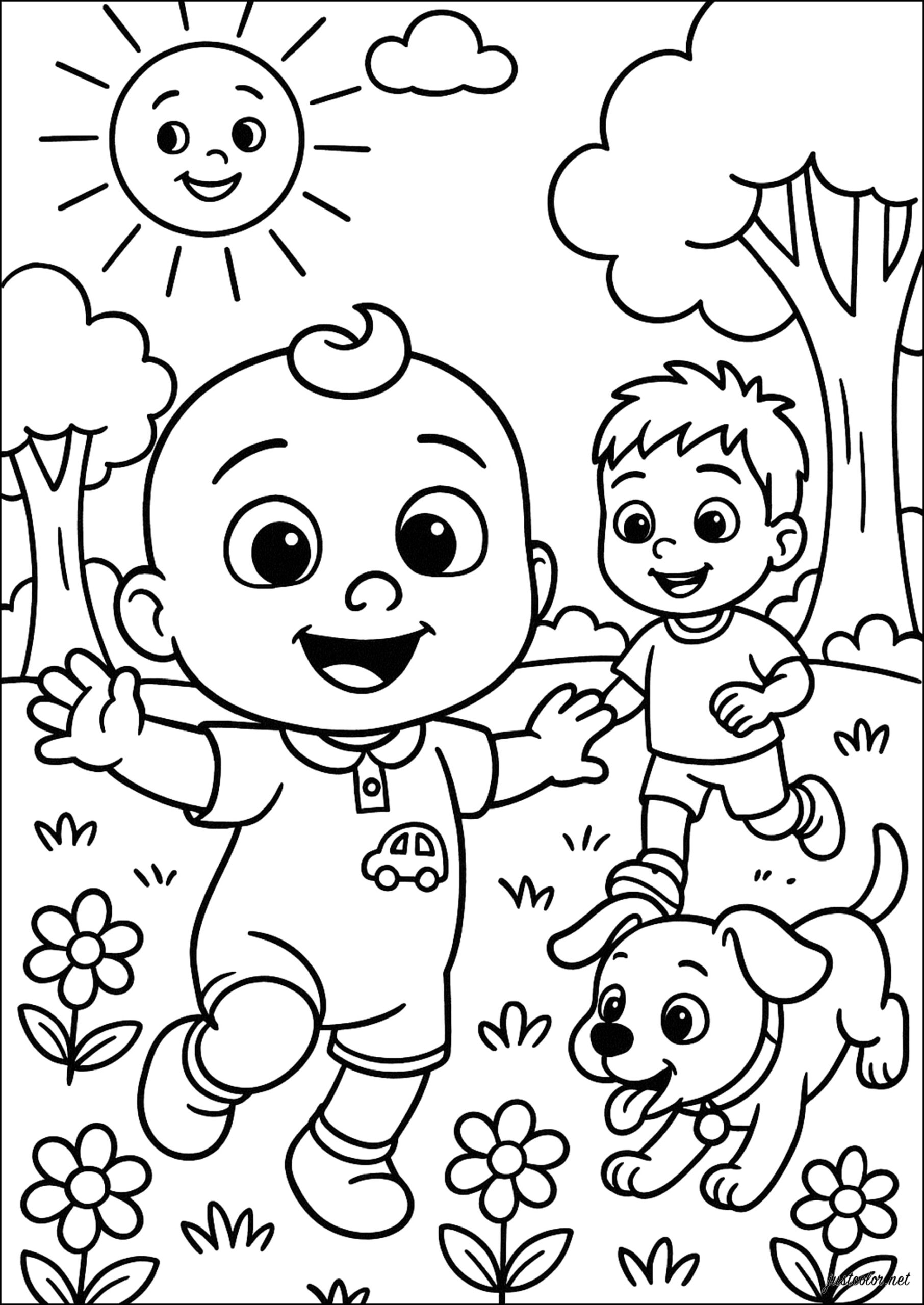 Cocomelon With A Friend And His Dog Cocomelon Coloring Pages