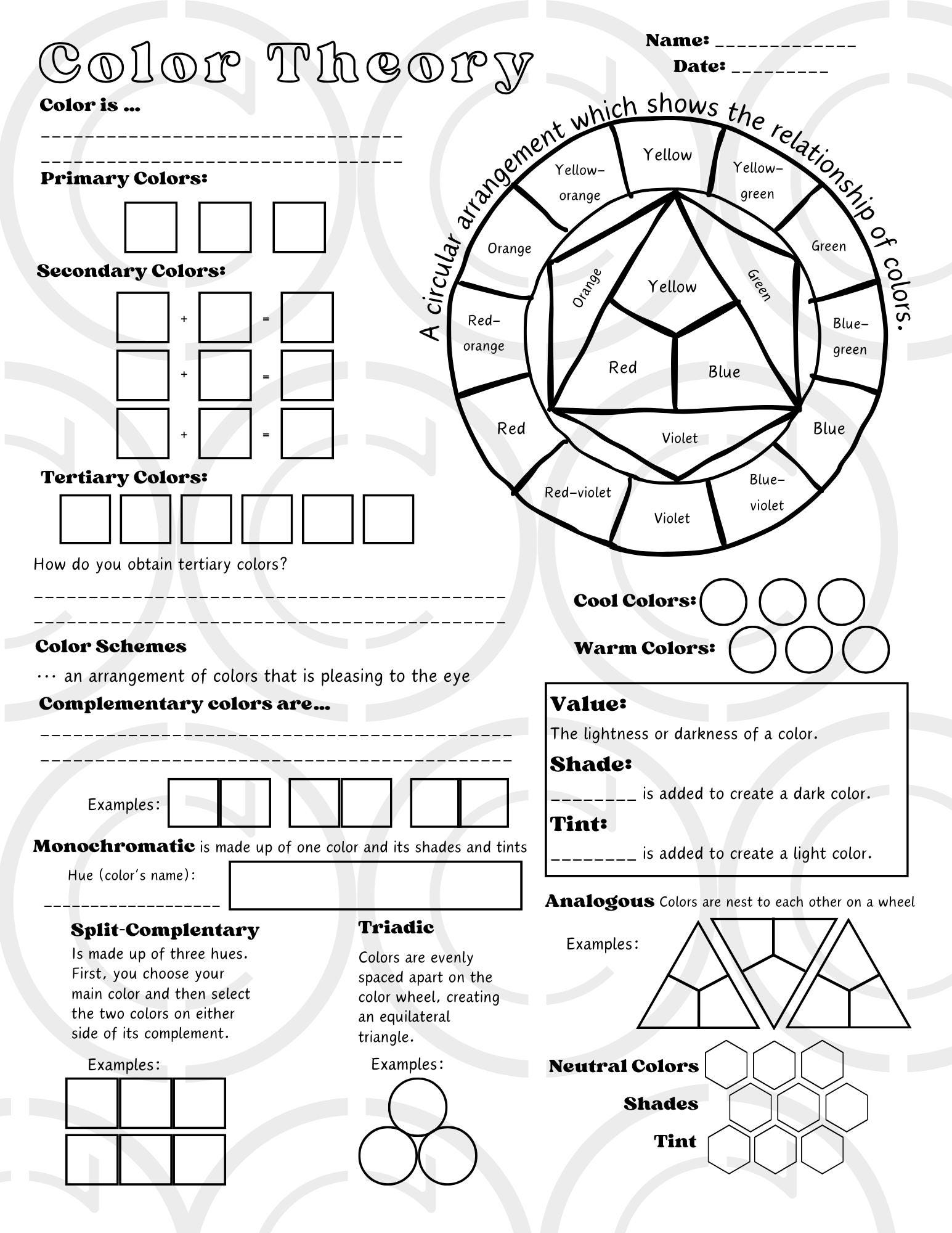 Color Theory Worksheet Blank Color Wheel Digital Coloring Page PDF Downloadable File Etsy