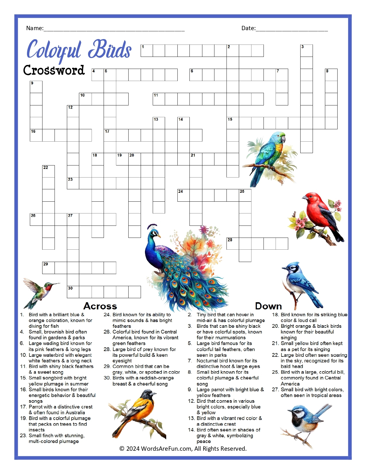 Colorful Birds Crossword Colorful Birds Crossword