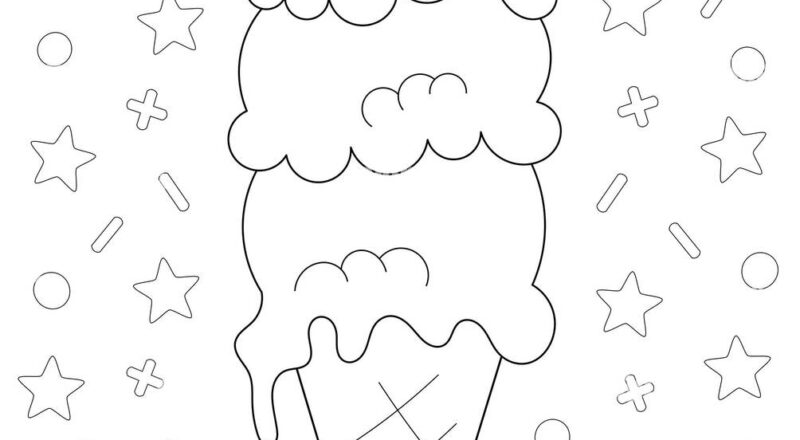 Coloring Page With A Big Ice Cream Cone With 3 Scoops And A Cherry On Top